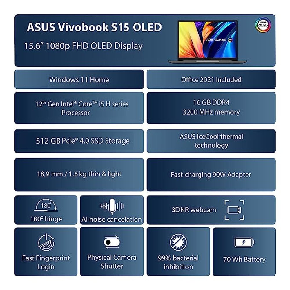 ASUS VIVOBOOK S15 OLED 2022, 15.6" 39.62 cm FHD OLED, Intel Core Evo i5-12500H 12th Gen, Thin and Light Laptop (16GB 512GB SSD Iris Xe Graphics Windows 11 Office 2021 Black 1.8 kg), S3502ZA-L