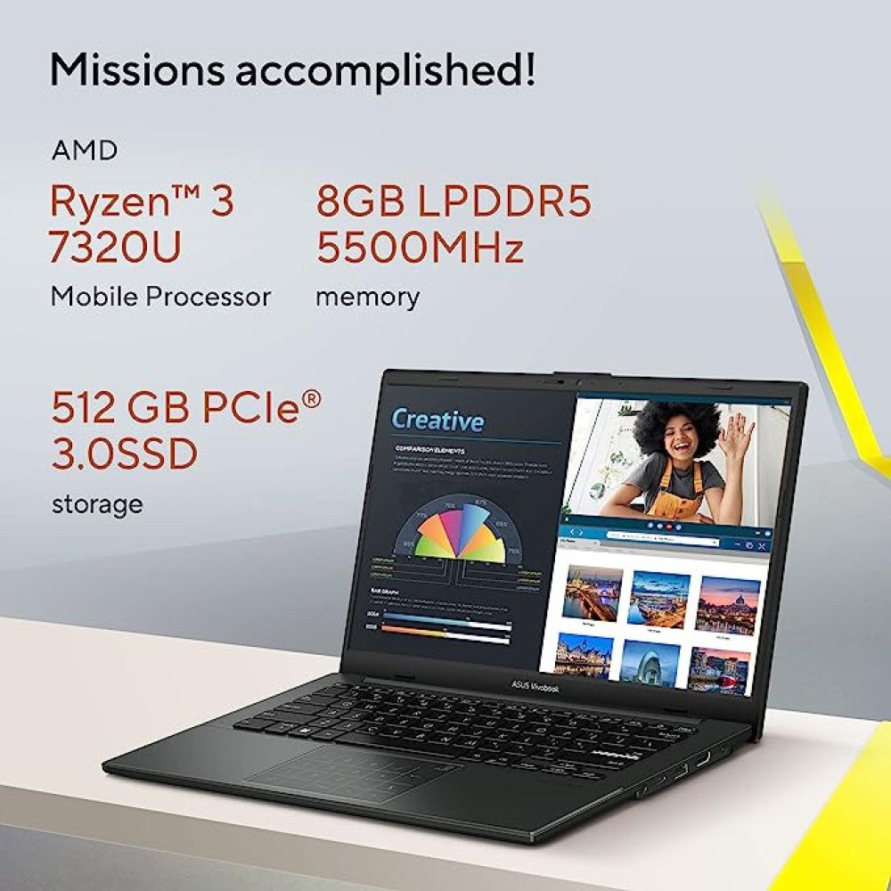ASUS VIVOBOOK GO 14 (2023), AMD Ryzen 3 7320U, 14-inch (35.56 cm) FHD, Thin & Light Laptop (8GB 512GB SSD Windows 11 Office 2021 Alexa Built-in Mixed Black 1.38 kg), E1404FA-NK322WS
