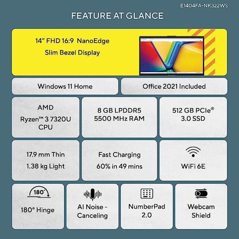ASUS VIVOBOOK GO 14 (2023), AMD Ryzen 3 7320U, 14-inch (35.56 cm) FHD, Thin & Light Laptop (8GB 512GB SSD Windows 11 Office 2021 Alexa Built-in Mixed Black 1.38 kg), E1404FA-NK322WS