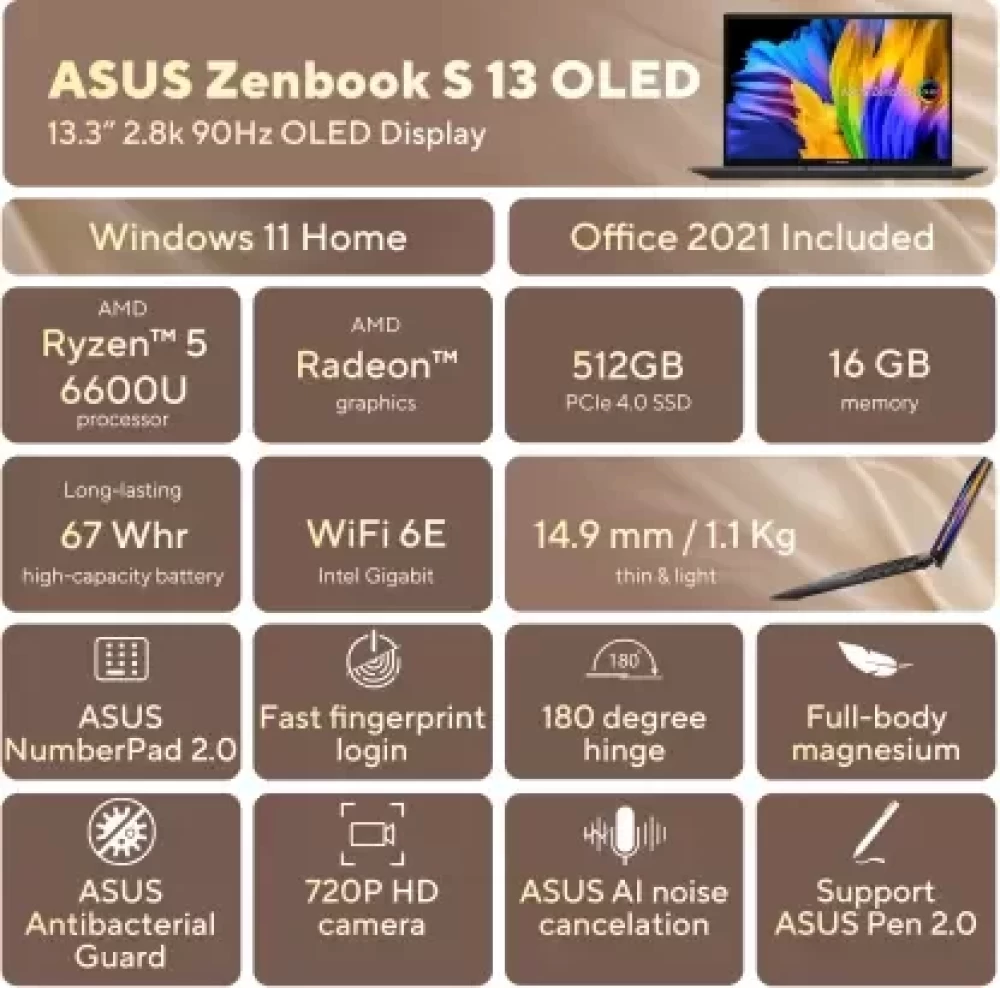 ASUS ZENBOOK S13 (2022), 13.3" (33.78 cm) 2.8K OLED 16:10 Touch, AMD Ryzen 5 6600U, Integrated Graphics, Thin and Light Laptop (16GB 512GB SSD Windows 11 Office 2021 Blue 1.10 kg), UM5302TA-LX501WS